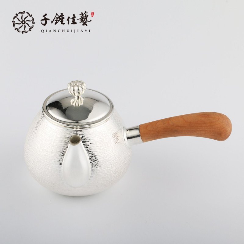 云南大理千锤佳艺纯银茶壶足银茶具正品 侧把壶 横锤纹款