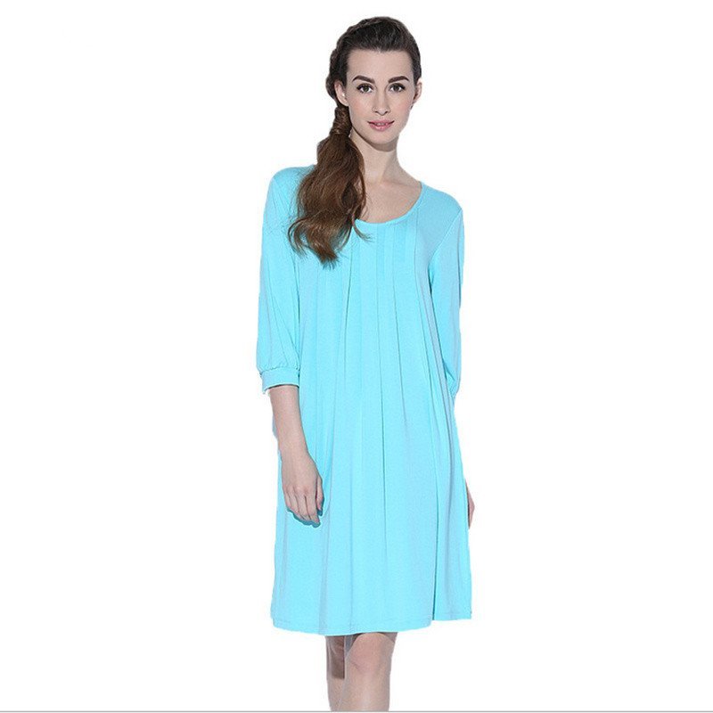 竹千华 长袖莫代尔睡裙 春秋季新品兰精莫代尔纯色休闲长袖睡衣 欧美风大码家居服 居家莫代尔睡裙 XXL 蓝色-1458
