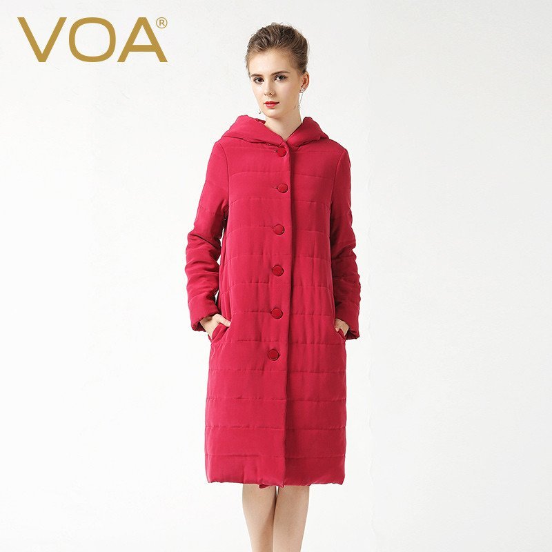 VOA 重磅真丝棉衣连帽女加厚宽松简约中长款丝绸棉服M6301