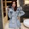 禾壹 2015冬装新款韩版时尚修身显瘦连帽中长款羽绒棉服女 棉袄 棉衣 配毛领 蓝灰 XXXL