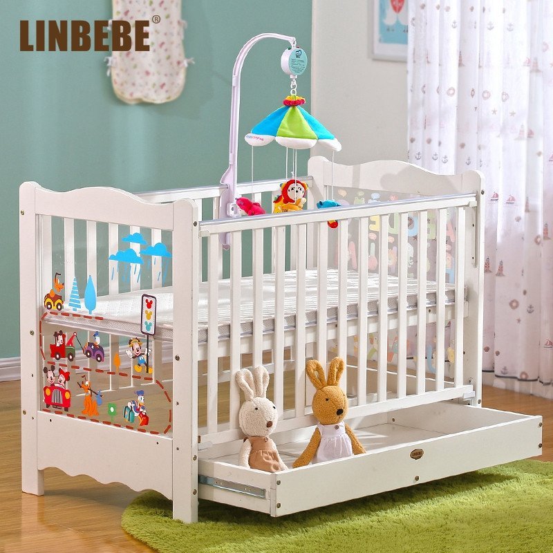 霖贝儿(LINBEBE)爱贝城堡系列多功能白色婴儿床抽屉双开式储物床高档可变书桌宝宝床高度可调节松木床bb床含床垫