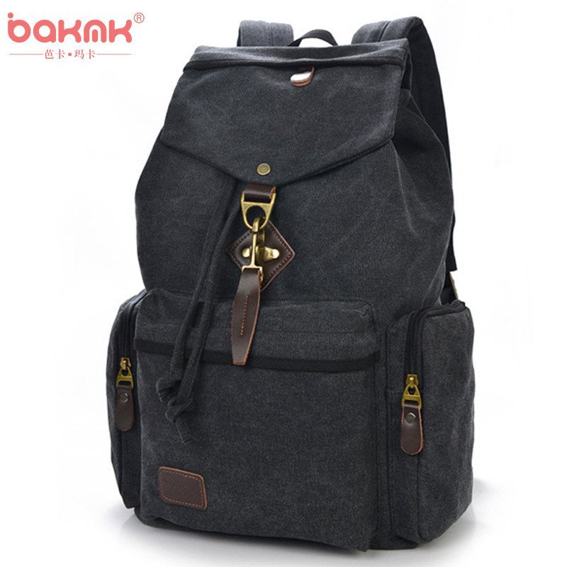 BAKMK芭卡玛卡 韩版女士复古帆布包包大容量双肩包学院风抽带背包A33 黑色