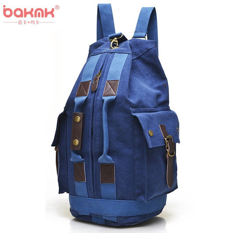 BAKMK芭卡玛卡 韩版男女款桶包复古帆布包包大容量双肩包背包时尚手提包登山包-A45 深蓝色