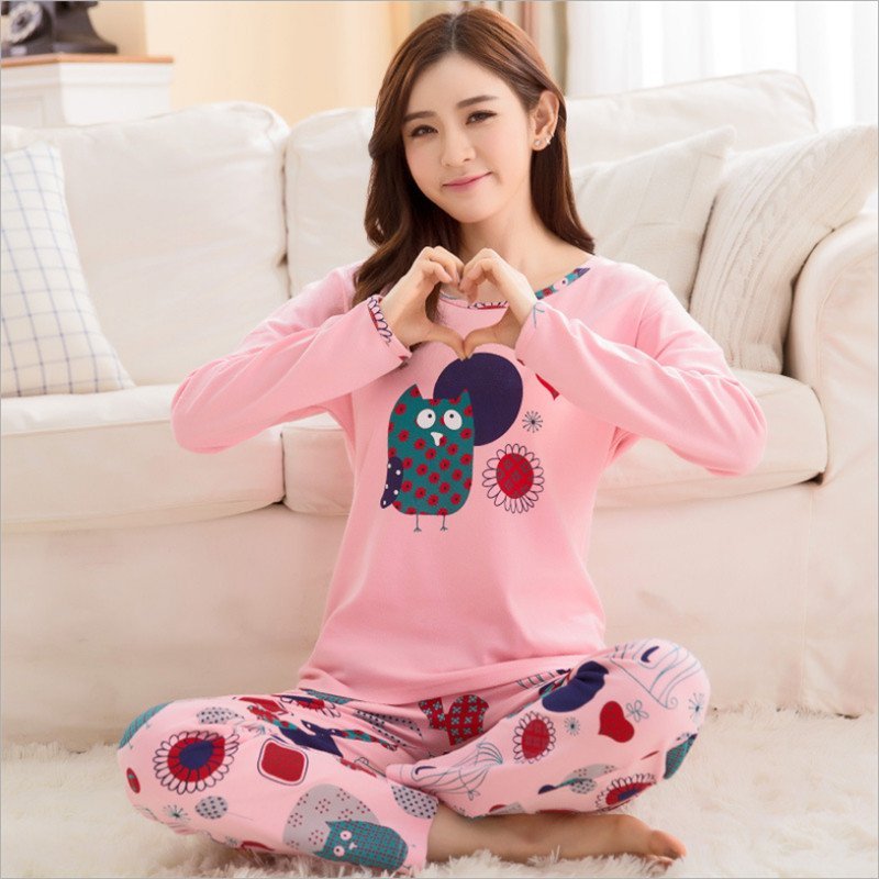 竹千华 睡衣女长袖纯棉可爱睡衣冬季韩版睡衣修身春秋长袖卡通家居服套装 XL F