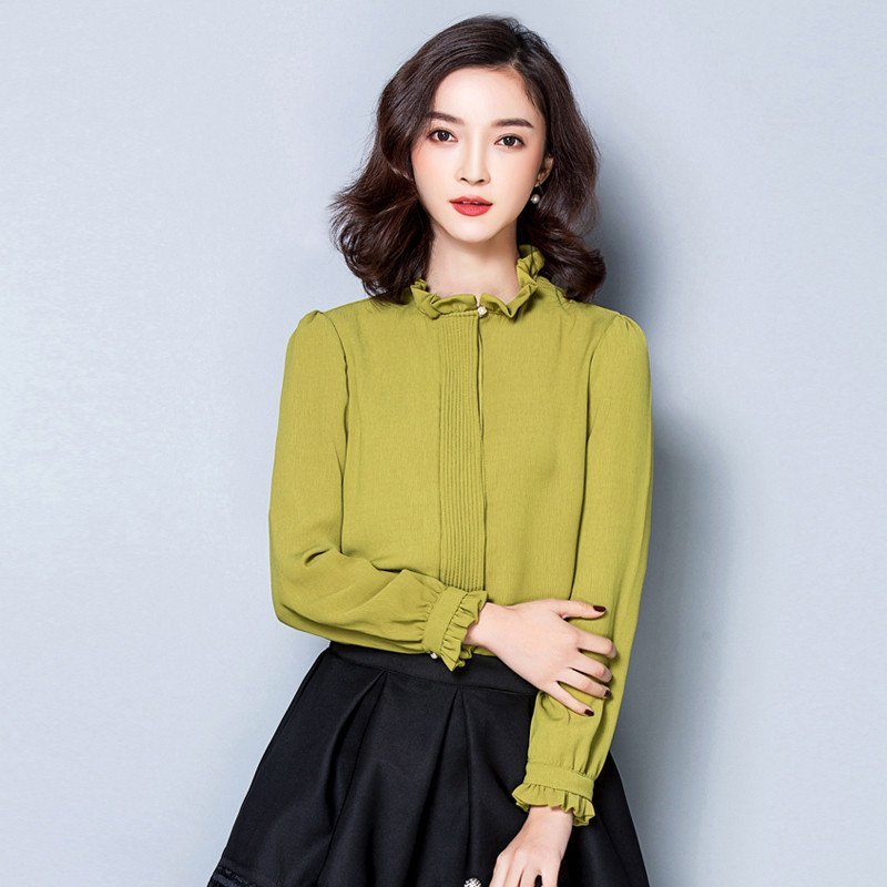 雅泊妮雪纺衫气质时尚韩版大码女装宽松长袖上衣立领衬衫打底衫 M 军绿色