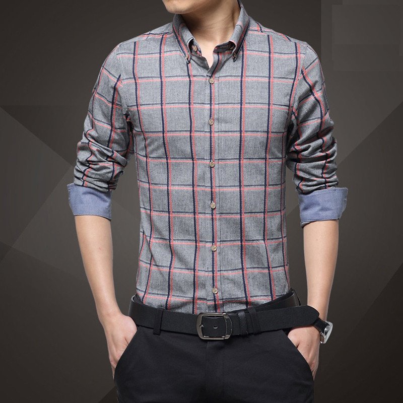 2016春季新款韩版潮修身型格子休闲英伦青年衬衣男士长袖衬衫 衬衫1352 5XL 灰色