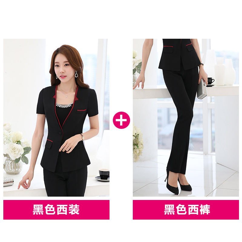 訫嗳逸衫 2016夏季新款女士小西服套装套裤工作服正装OL百搭职业装女装修身外套时尚韩版西服短裙两件套 XXL（修身显瘦） 黑色外套+黑色西裤