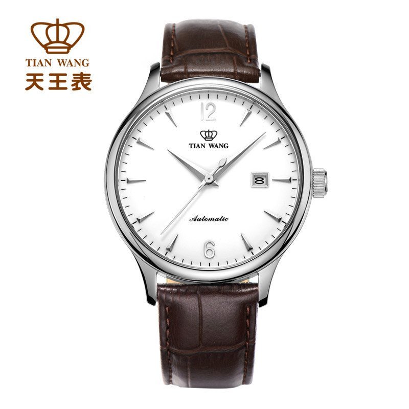 天王表(TIANWANG)手表 男士手表机械表 皮带品牌正品腕表休闲商务时尚防水男表GS5844 白色