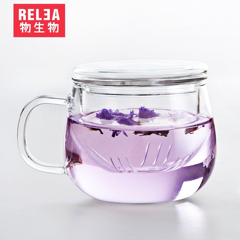 物生物(RELEA)玲珑杯 耐热创意夏天水杯玻璃杯带盖女过滤花茶杯透明杯子随手杯日用水杯320ml