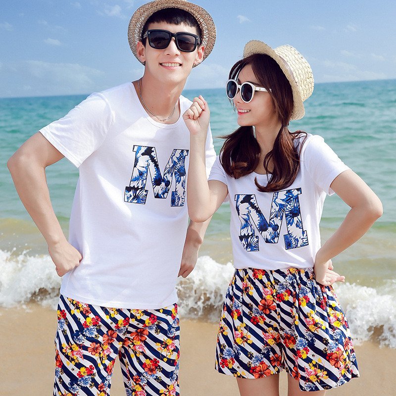 红衣主角情侣装夏装 蜜月度假海边沙滩男女短袖t恤休闲套装t121 男xxl