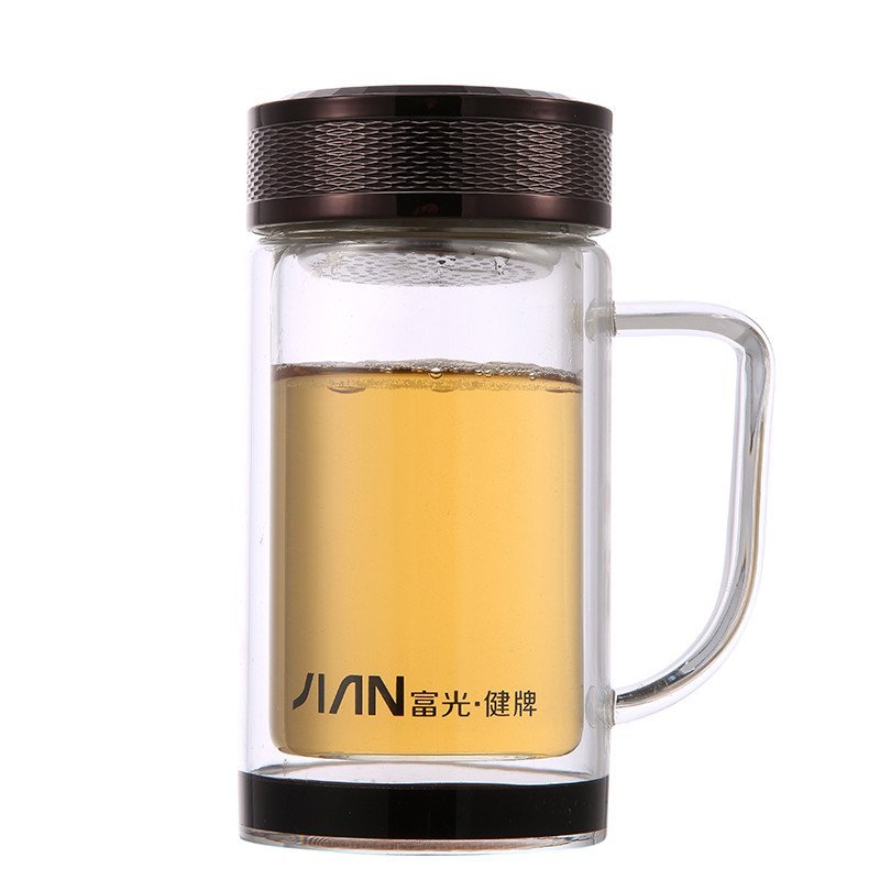 富光(FUGUANG)玻璃杯X006-320B 320ml键牌双层玻璃杯带手柄 透明带盖耐热防烫时尚办公水杯