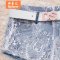 琳朵儿2016夏季新品 韩版蕾丝拼修身牛仔短裤 L 蓝色配送腰带