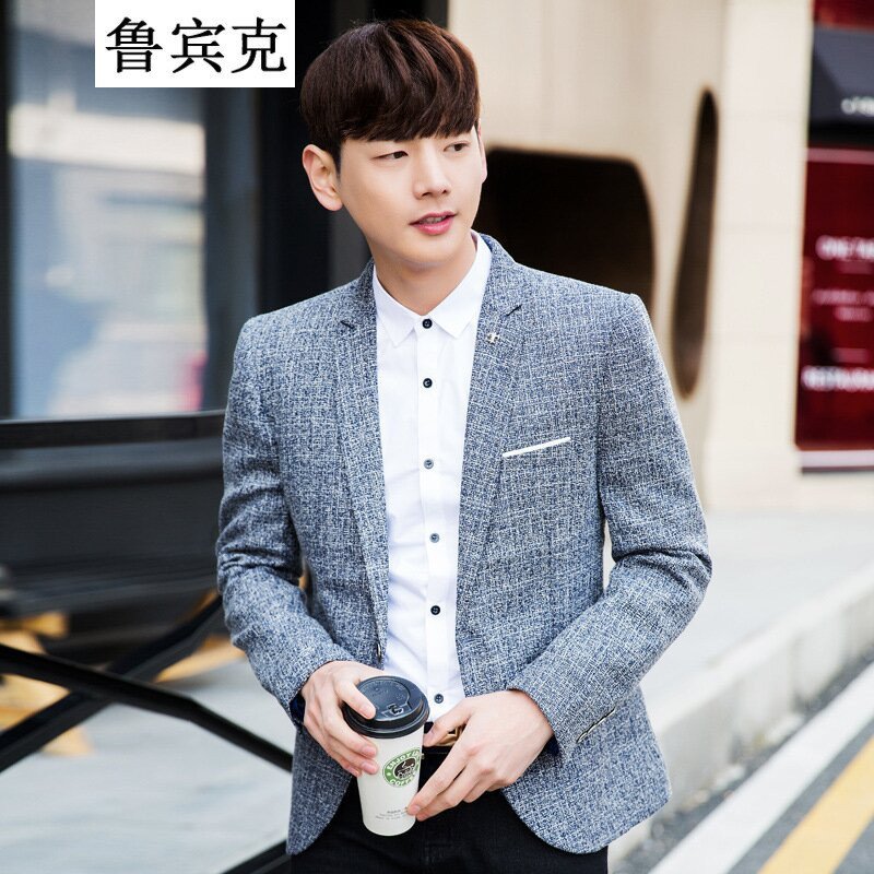 鲁宾克春季薄款翻领小西装男士韩版休闲西服男版修身青年长袖外套 3XL 蓝色