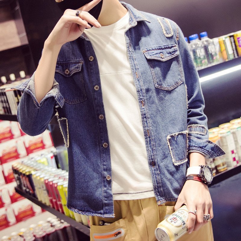 Favorlove 破洞补丁春季新款男士牛仔夹克外套外衣男 B412-JK805U XL 深蓝色