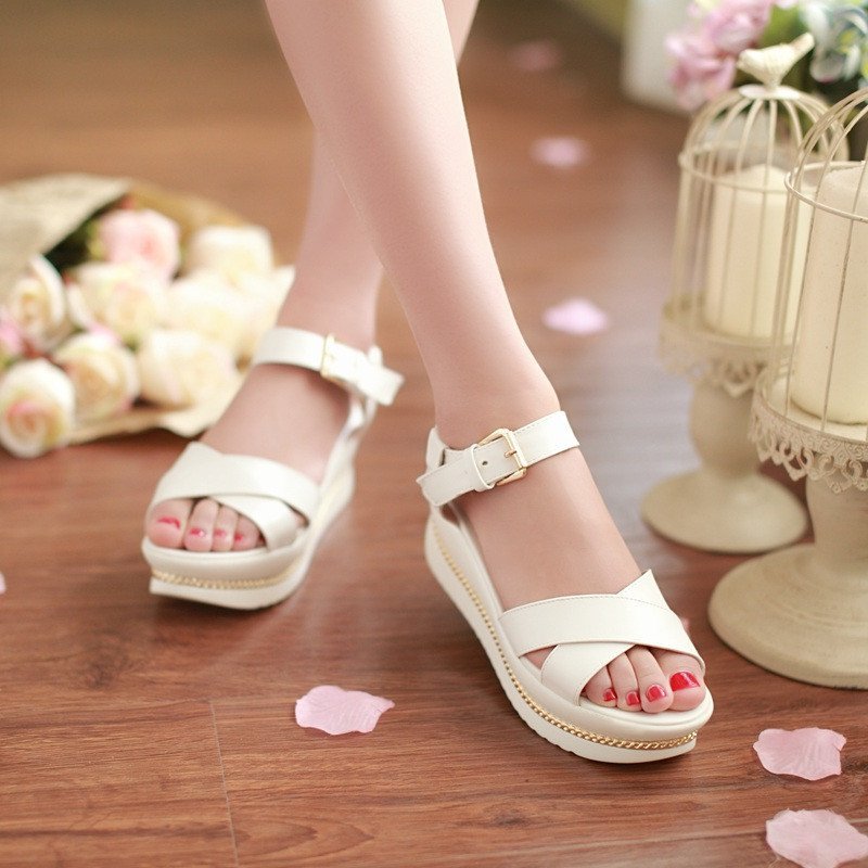 裂帛鸟夏季新款韩版厚底坡跟凉鞋女松糕鞋舒适甜美休闲鱼嘴鞋坡跟搭扣