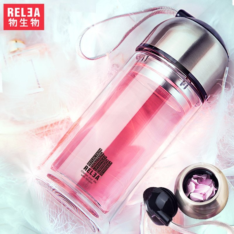 物生物(RELEA)双层玻璃杯210ML水杯女便携简约清新韩版可爱韩国泡茶杯随手过滤非一次性使用花茶杯水晶杯子