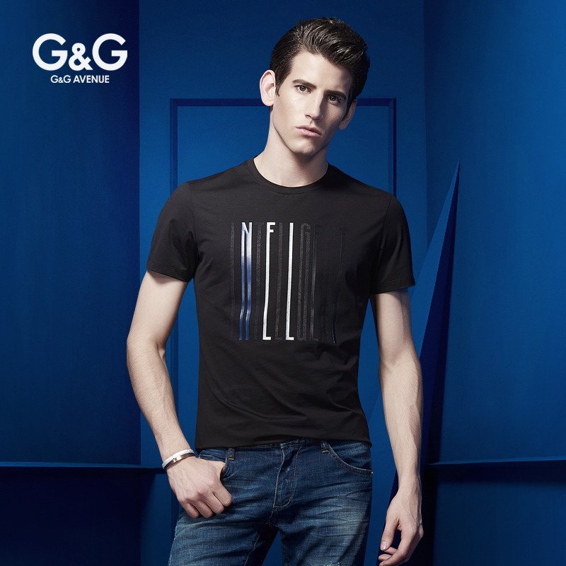 G＆G 夏季短袖T恤衫男士圆领丝光棉条纹t恤男修身韩版打底衫青年 180/XL 黑色