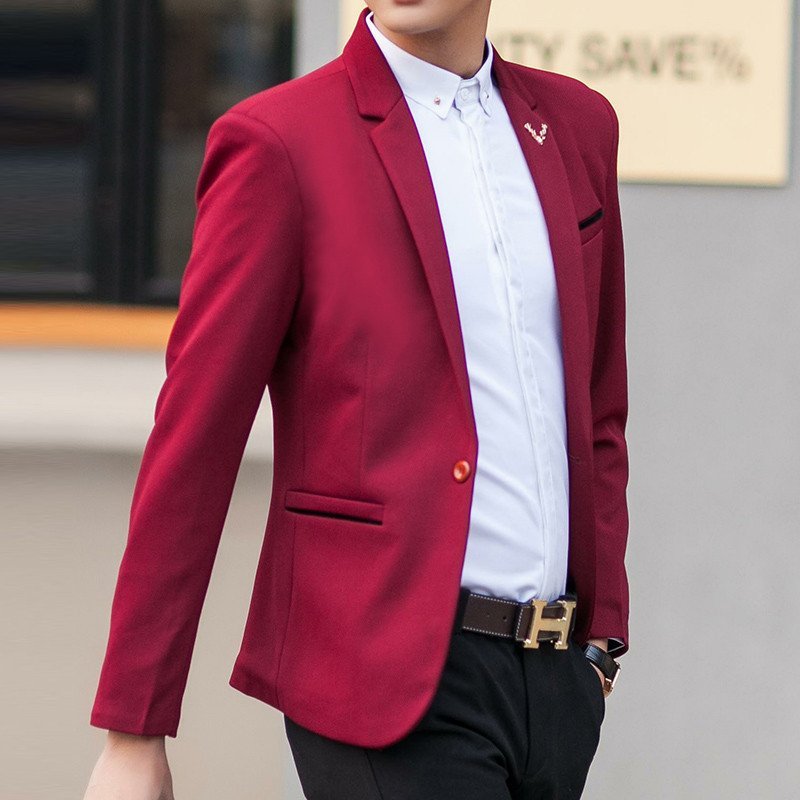 WRSENQL 春夏新款插绒装饰男士小西装小西服韩版修身 L 酒红色
