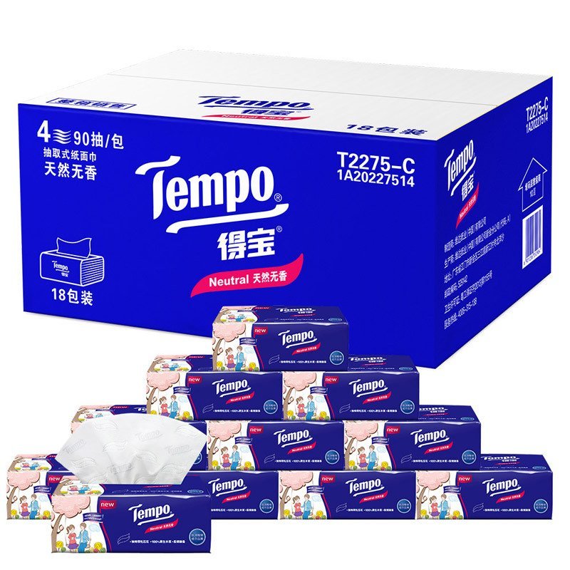 得宝(Tempo) 抽纸 四层90抽*18包纸巾 中规格(中幅) （天然无味）（整箱销售）