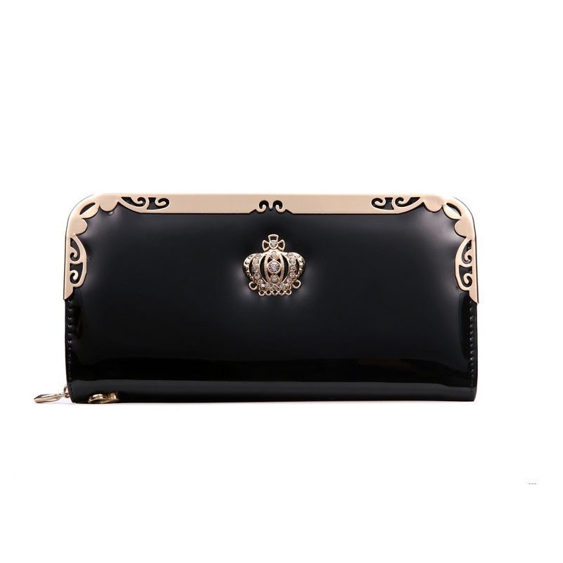 薇思黛 2016新款 韩版时尚亮皮皇冠钱包手包拉链包手拿包潮流大容量手机包 黑色