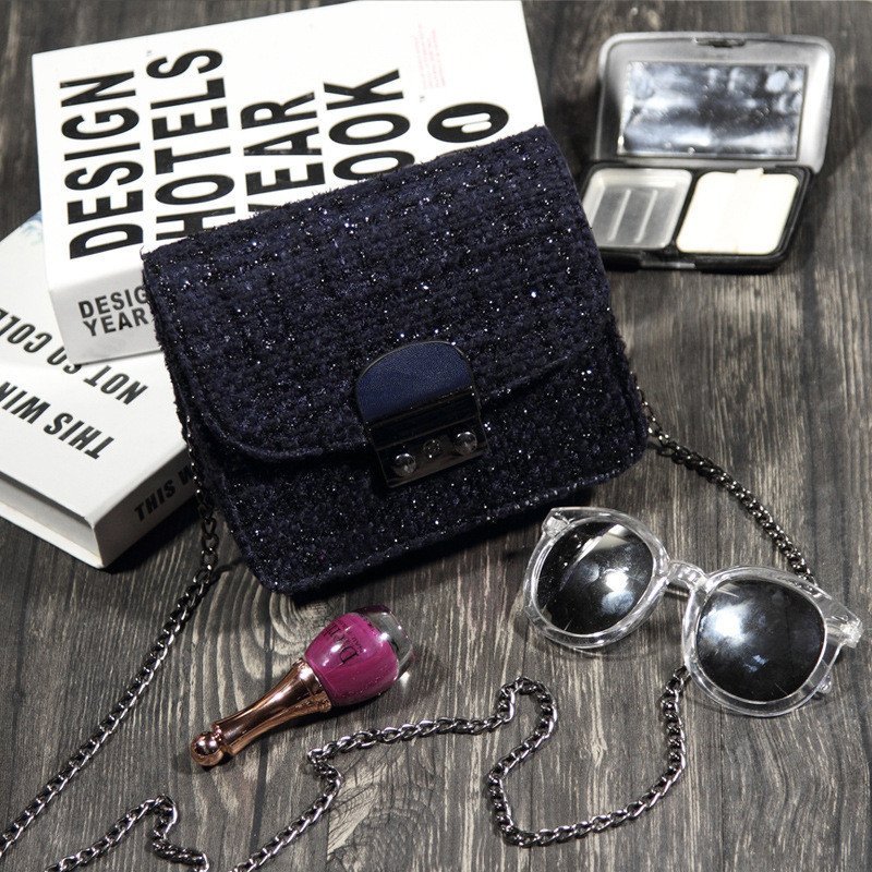 薇思黛 2016新款 韩版潮斜挎包呢子小方包小香链小条包单肩斜跨包女包 深蓝色小号