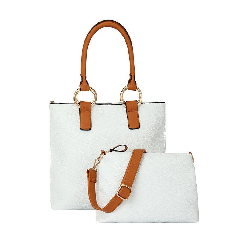 薇思黛 2016新款 欧美时尚水桶型子母包荔枝纹pu皮手提单肩斜跨包包女包 白色