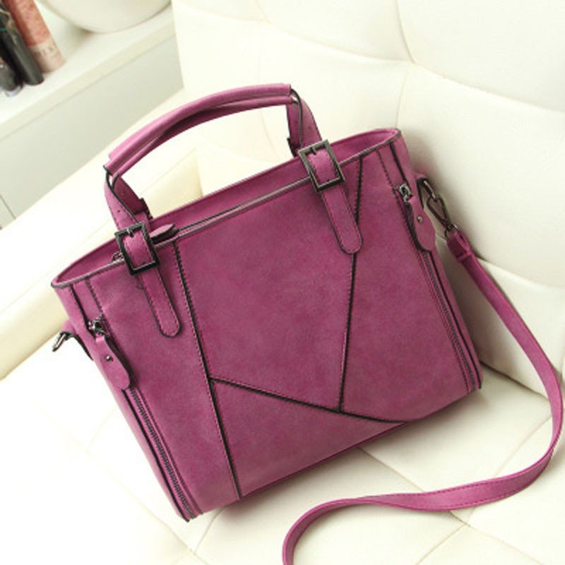 薇思黛 2016新款 欧美时尚拼接磨砂皮女包手提大包斜挎单肩包女包 玫紫色