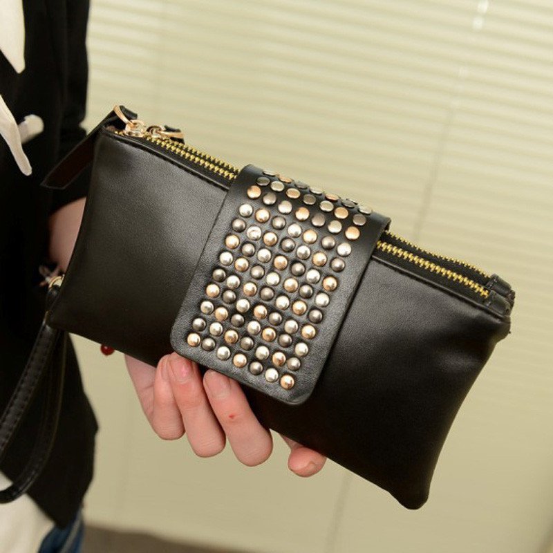 薇思黛 2016新款 欧美风范手拿包零钱包女包铆钉包 黑色