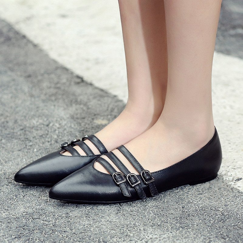 鞋女鞋浅口尖头套脚女鞋夏季新款真皮透气休闲鞋女低跟搭扣平底鞋子