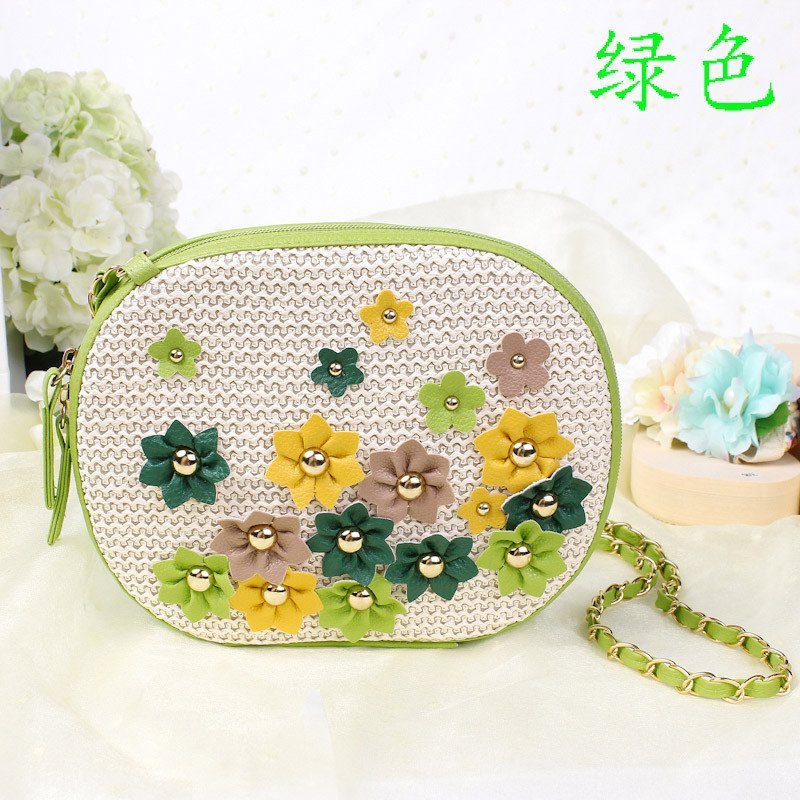 薇思黛2016新款草编包斜跨编织包小皮花沙滩包草包可爱淑女包藤包 绿色