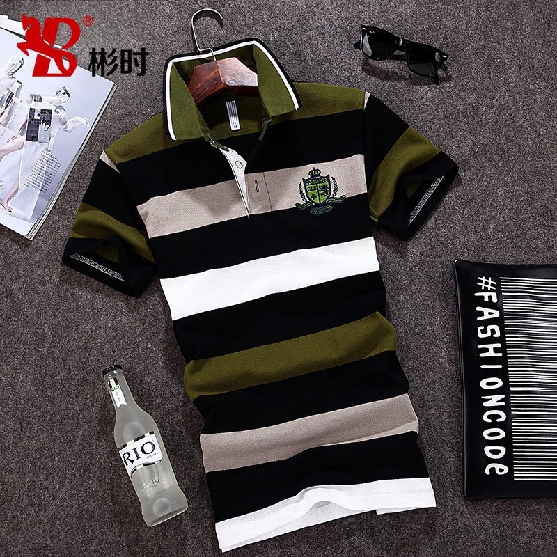 彬时(BINSHI) 男装新款短袖T恤翻领条纹男T休闲青少年POLO衫 夏装时尚短袖t恤男 XXXL 绿色
