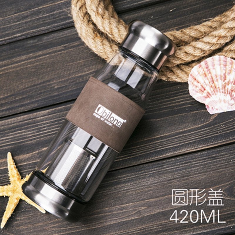 男士办公室玻璃杯随手杯水杯过滤泡茶杯带盖耐热便携车载杯子 圆形盖骑士420ml