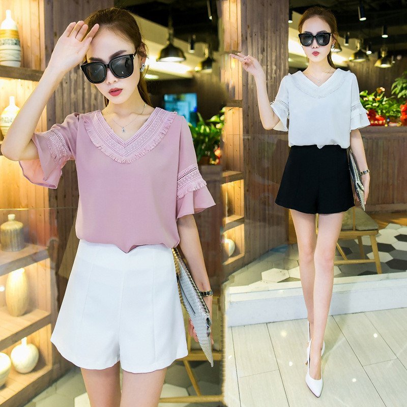 蔚缇2016夏季新款韩版显瘦两件套短裤套装女喇叭袖雪纺上衣 xl 白衣黑
