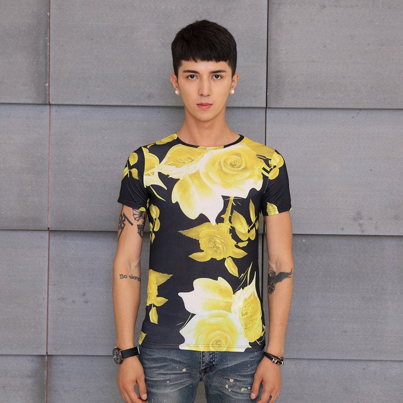 丹杰仕男士圆领碎花短袖t恤潮男 夜店花衣服夏天半袖上衣打底衫 2xl