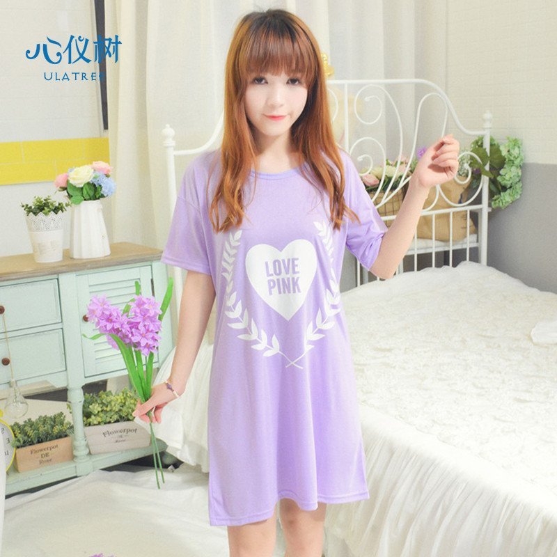 睡衣女夏季新品棉质少女睡裙休闲纯色麦穗桃心PINK家居服短裙 M HT-160#麦穗pink紫色