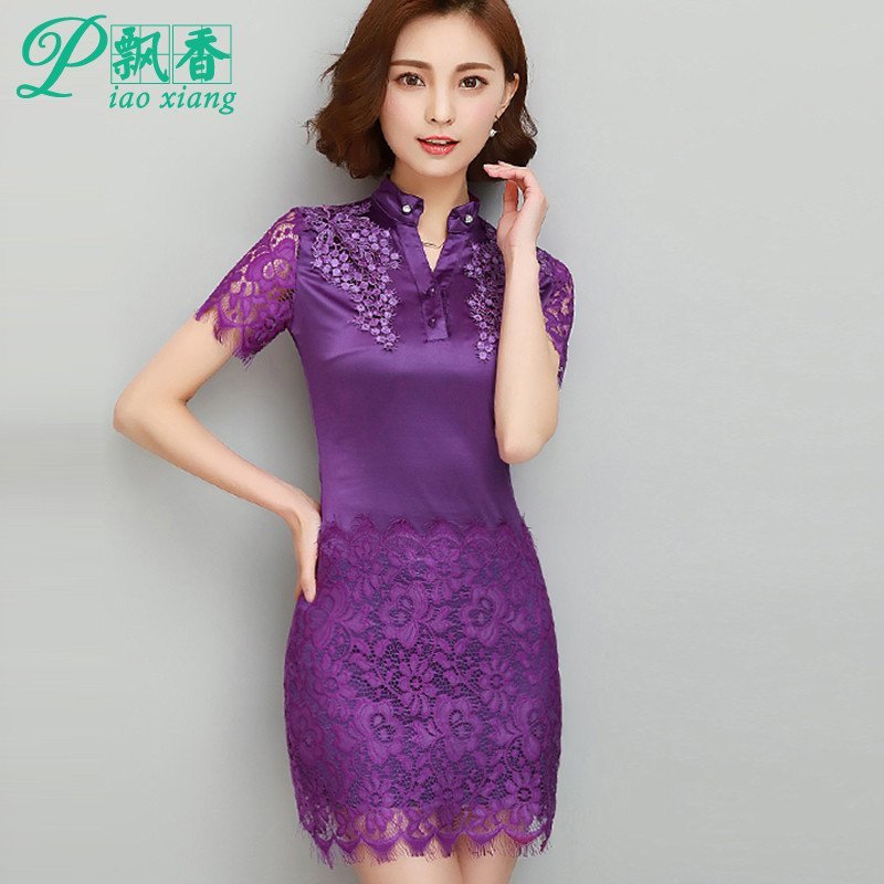 飘香2016夏季新款钩花镂空短袖蕾丝连衣裙V2478 M 紫色