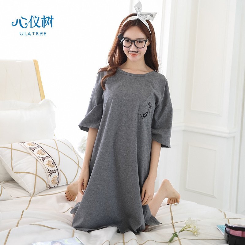 睡衣女夏季韩版纯棉女士睡裙休闲宽松纯色字母连体衣家居服 均码 SD-625裙#灰色