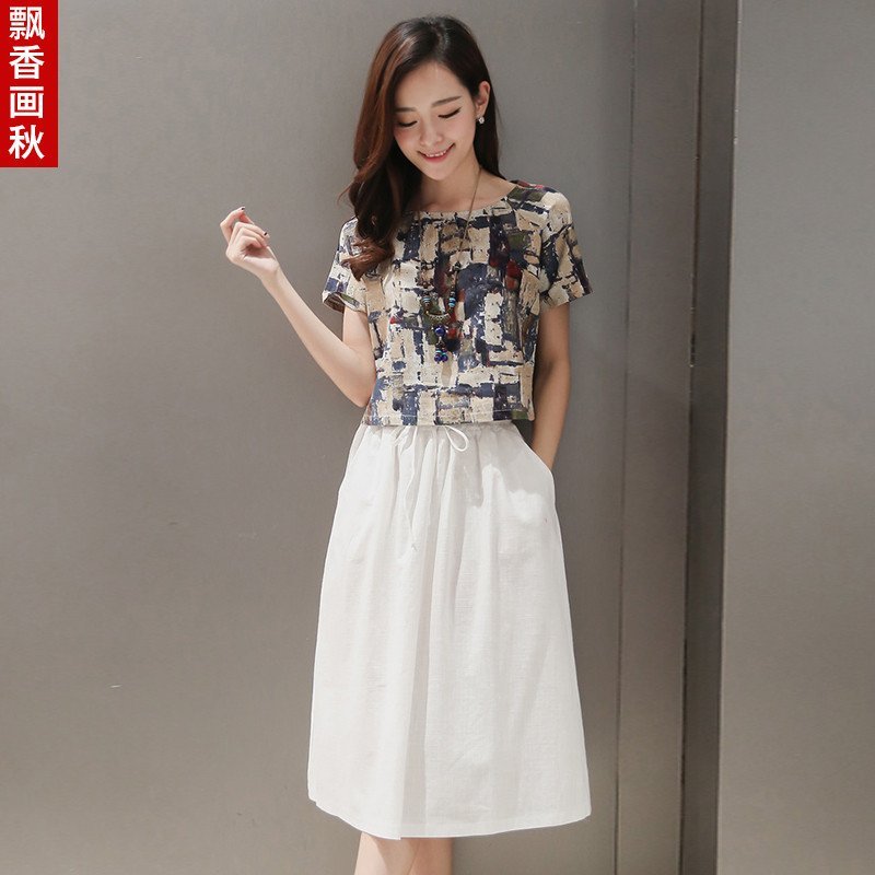 飘香画秋2016夏季中裙大码印花复古两件套套装连衣裙女V2642 L 花色