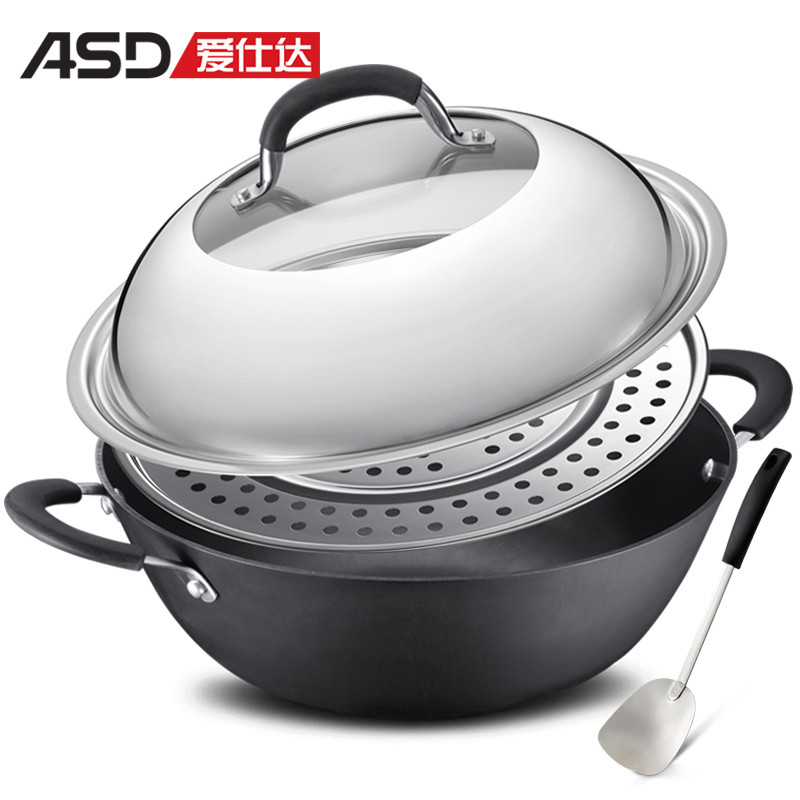 爱仕达（ASD）炒锅 34CM铸铁锈不了铁锅炒菜锅 炖锅蒸锅炒炖锅CF34D1WG