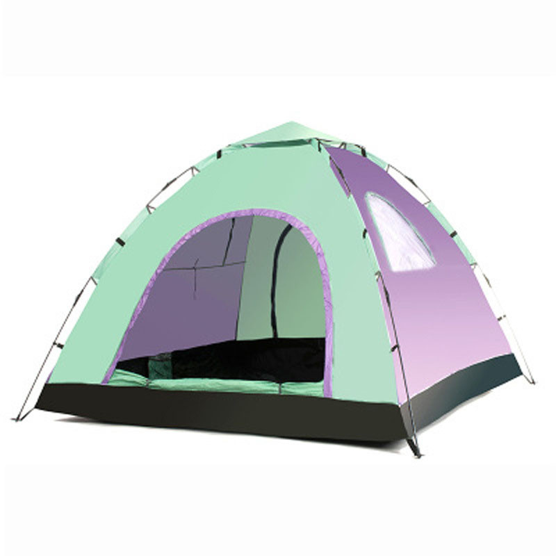 户外加大帐篷3-4人全自动野营沙滩旅游露营帐篷 升级版紫兰拼绿2门2窗PE底