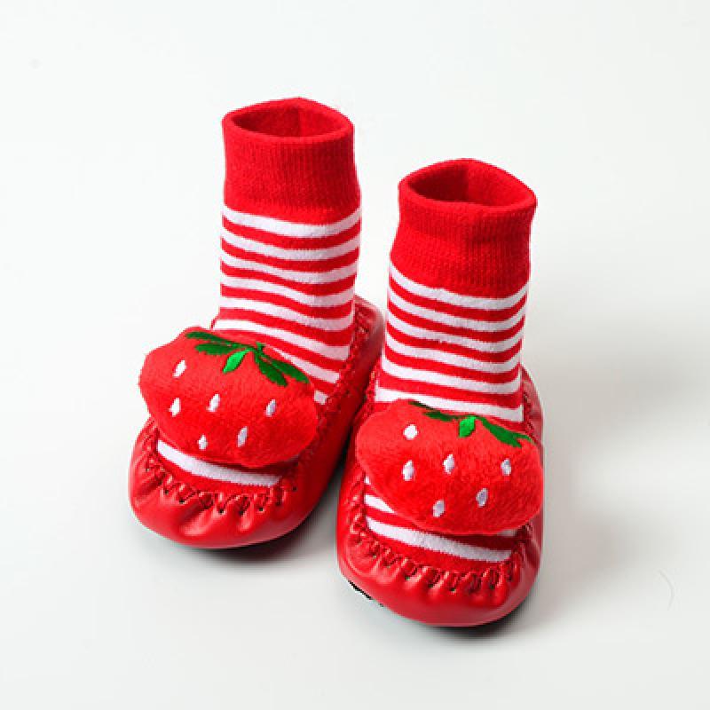 宝宝地板袜婴儿男女童布底皮边加厚毛圈秋冬学步鞋 防滑公仔袜 14cm(13-24个月) 红色草莓