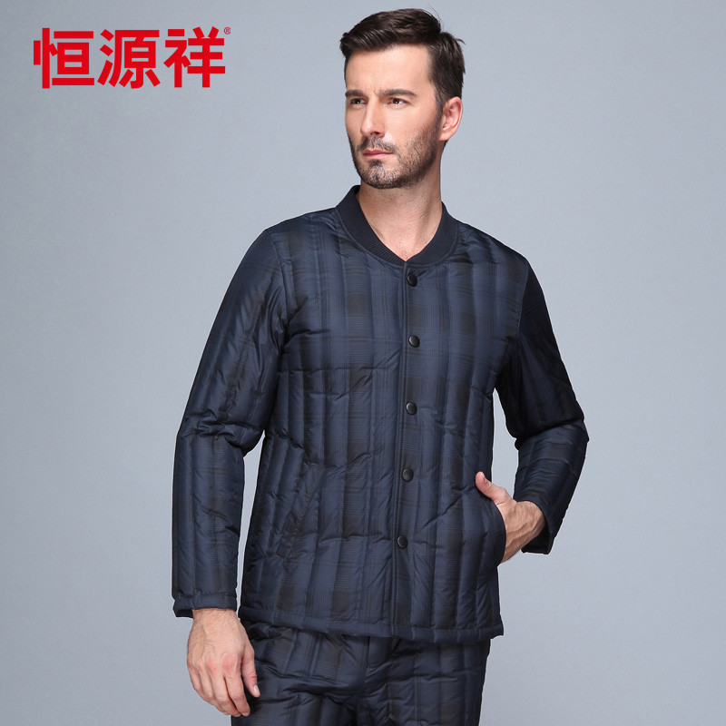 恒源祥 冬装中老年人轻薄羽绒服男内胆居家保暖内衣爸爸装羽绒内胆 170/88A/L 2229-1#深蓝格纹