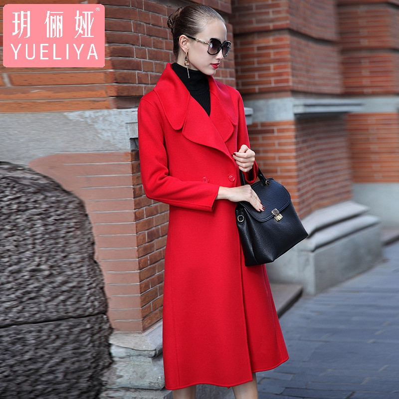 玥俪娅女装欧美潮流时尚气质百搭宽松直筒优雅手工定制羊毛双面呢大衣双排扣长款过膝修身保暖外套 L 红色