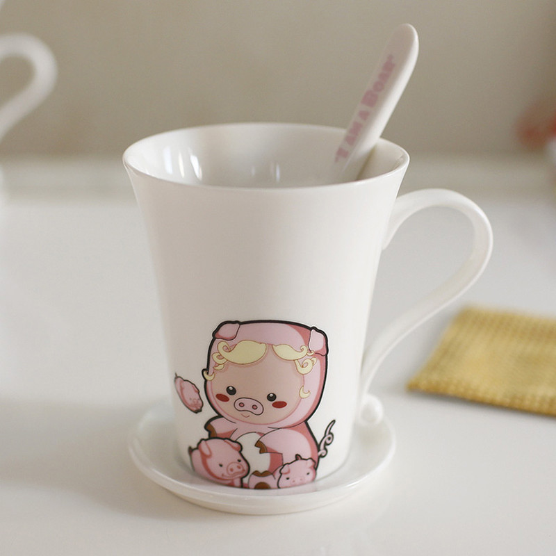 瓷物语创意水杯陶瓷马克杯萌系超可爱卡通12生肖杯子 生日礼物情侣杯猴(陶瓷盖)家用 猪