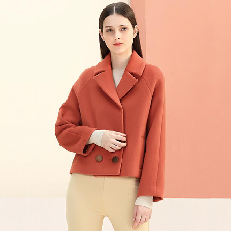 糖力2016冬装新款欧美女装 翻领短款羊毛大衣长袖宽松毛呢外套 XXS 熔岩橘