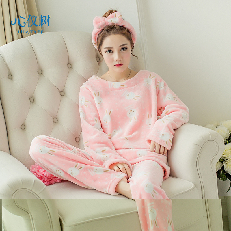 睡衣女冬季法兰绒长袖睡衣女加厚保暖卡通兔子家居服珊瑚绒套装 M CX-兔子绒粉色