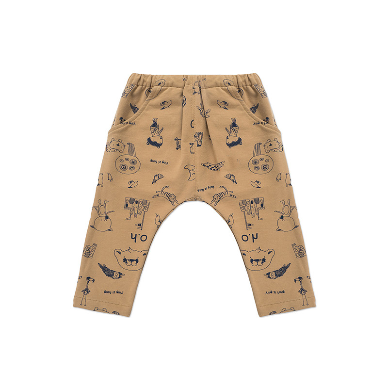 婴姿坊儿童休闲长裤 男童春秋款松紧韩版百搭印花裤子 卡其 90cm