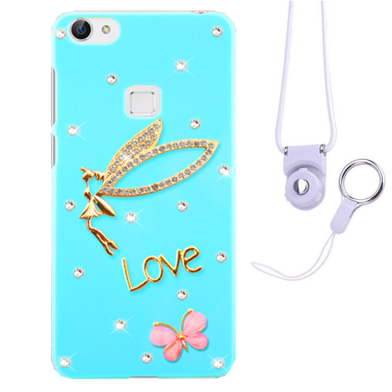 摩洛 爱心彩壳珍珠水钻手机壳保护套带挂绳 适用于VIVO X6/X6D/X6SA/5.2屏 蓝壳金色天使+白挂绳