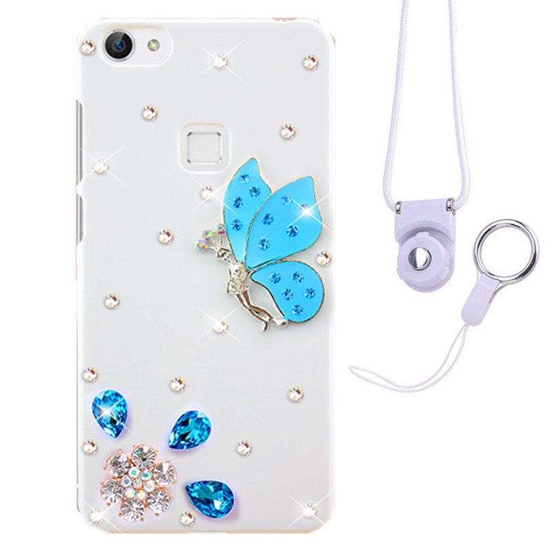 摩洛 爱心彩壳珍珠水钻手机壳保护套带挂绳 适用于VIVO X6/X6D/X6SA/5.2屏 白壳水钻蝴蝶蓝+白挂绳