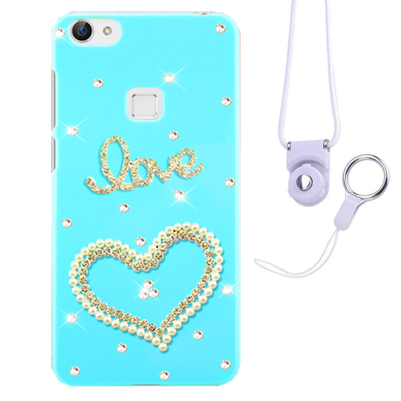 摩洛 爱心彩壳珍珠水钻手机壳保护套带挂绳 适用于VIVO X6/X6D/X6SA/5.2屏 蓝壳LOVE爱心+白挂绳
